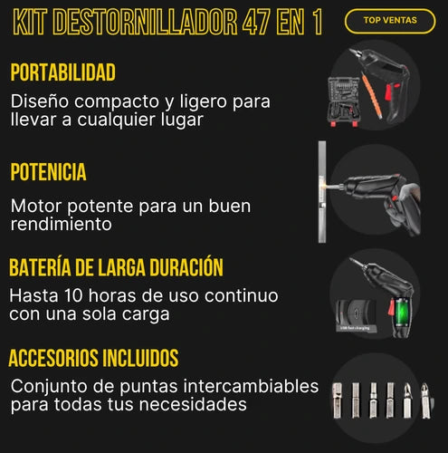 Kit Destornillador Inalámbrico 47 en 1 – Potencia, eficacia, rendimiento